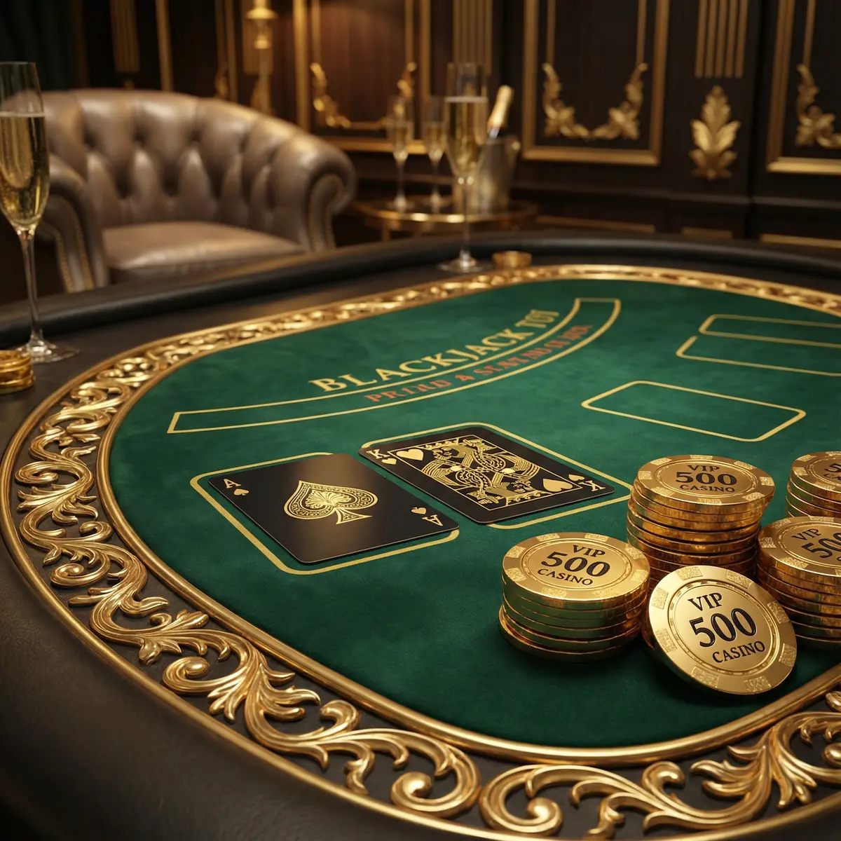 Mesa de blackjack elegante con cartas y fichas doradas