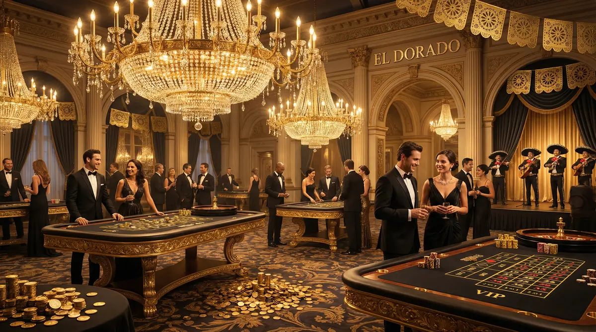 Sala VIP del casino dorado Casino Big Bola Pedregal con mesas de juego elegantes